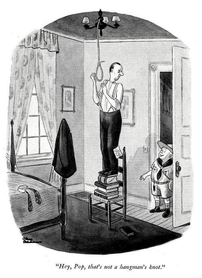 "Mais papa, c'est pas un noeud de pendu!"

L'humour noir de Chas Addams, feu le grand monsieur qui à inventé la famille du même nom!