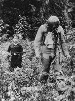 Guerre du Viet-Nam, le pilote américain d'un chasseur abattu est emmené prisonnier sous la menace d'une arme d'un autre siècle