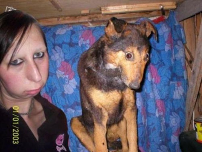 Un chien et sa maîtresse qui ont une ressemblance troublante.