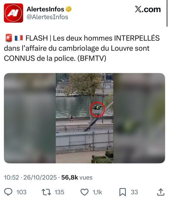 Deux hommes soupçonnés d’avoir participé au vol au Louvre ont été arrêtés le samedi 25 octobre en début de soirée, six jours après le cambriolage du 19 octobre. Le premier, originaire de Seine-Saint-Denis, a été interpellé vers 22 heures à l’aéroport Roissy Charles-de-Gaulle alors qu’il allait embarquer sur un vol à destination d’Alger. Les forces de police sont intervenues dans l’urgence lorsqu’elles ont appris sa volonté de prendre la fuite à l’étranger. Le second suspect, aussi de Seine-Saint-Denis et déjà connu pour des faits de cambriolage, a été arrêté la même soirée en région parisienne alors qu’il envisageait également un départ rapide.

L’identification des deux individus a été rendue possible grâce à un travail de recoupement d’indices collectés sur la scène du crime : près de 150 prélèvements d’ADN, d’empreintes digitales et des traces sur les objets abandonnés tels qu’un casque de moto, des gants ou un gilet jaune. Les images de vidéosurveillance du musée et des abords de Paris ont aussi joué un rôle déterminant, permettant de suivre la fuite des voleurs sur des scooters et d’identifier leur modus operandi. Enfin, la nacelle utilisée pour pénétrer dans le musée, volée quelques jours avant le casse, a permis de remonter la piste jusqu’à eux grâce au témoignage de la victime du vol de nacelle. Les deux hommes ont été placés en garde à vue, tandis que la police poursuit ses recherches pour retrouver le reste du commando et localiser les bijoux volés.