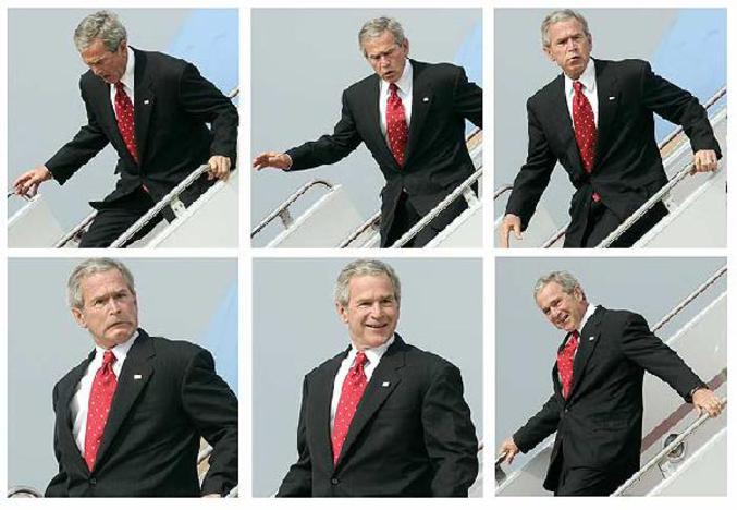 Georges Bush se rattrape de justesse en grimaçant.