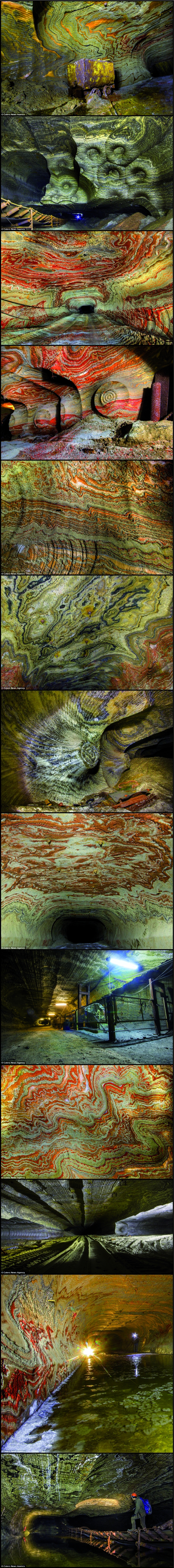 Dans la mine abandonnée de Iekaterinbourg (Russie), l'exploitation de carnallite (chlorure de potassium et magnésium) a révélé l'étrange stratification magnifiquement colorée des minerais (Photos de Mikhail Mishainik).