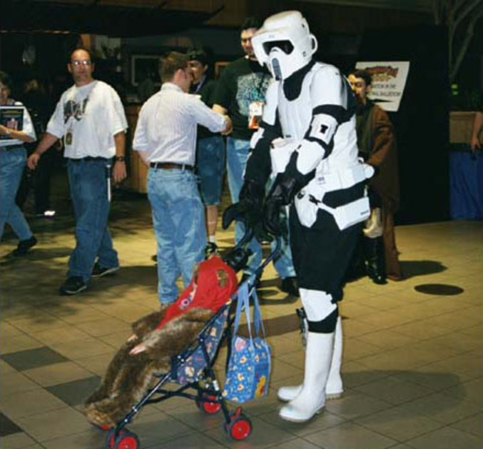 Un Stormtrooper parent d'un ewok...