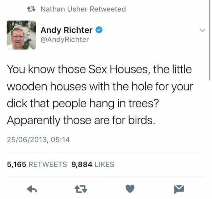 "Tu connais ces maisons pour le sexe, ces petites maisons en bois avec un trou dedans pour mettre ta bite et que les gens pendent dans les arbres. Apparemment elles sont pour les oiseaux."