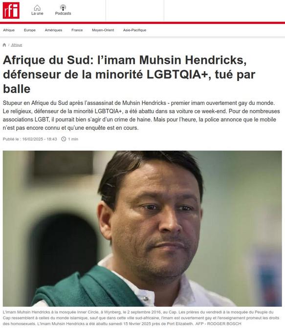 Qui vit par le trou de balle...


https://www.rfi.fr/fr/afrique/20250216-afrique-du-sud-l-imam-muhsin-hendricks-d%C3%A9fenseur-de-la-minorit%C3%A9-lgbtqia-tu%C3%A9-par-balle

Blague à part... Ça tire de tout les cotés en ce moment... 
Une attaque généralisée contre le progrès et la liberté...
