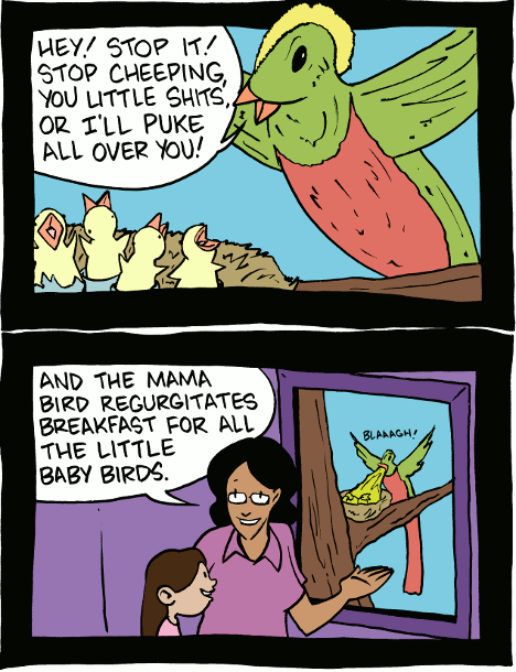 L'explication de comment une mère oiseau nourrit ses petits.