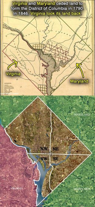 La formation du District of Columbia pour bâtir la capitale fédérale des USA formait, au départ en 1790, un quadrilatère parfait grâce à la cession de territoires par les états du Maryland et de la Virginie. Or, en 1846, la Virginie a repris "ses billes" laissant le district avec la géographie un peu bizarre qu'on lui connaît aujourd'hui.