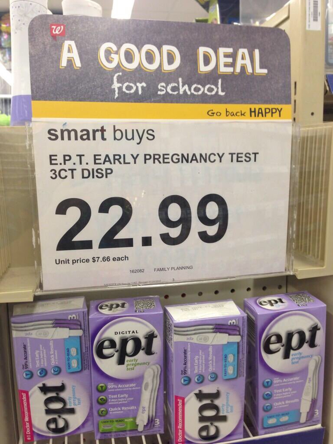 "Une bonne affaire pour l'école. Repartez heureux. L'achat intelligent. Les 3 tests de grossesse à $22.99".
Ce post est là pour vous faire remarquerer l'arnaque: "bonne affaire" mon cul ! A $7.66 l'unité il vaut mieux acheter 3 paquets individuels !