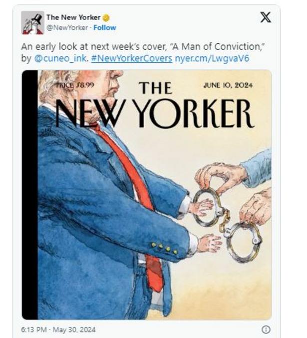 La prochaine couverture du NEW YORKER. Le caricaturiste a volontairement fait de petites mains et de grosses menottes pour sous-entendre soit que Trump se fiche éperdument de la sentence, soit que les institutions sont ainsi faites qu'il n'effectuera vraisemblablement aucune peine...