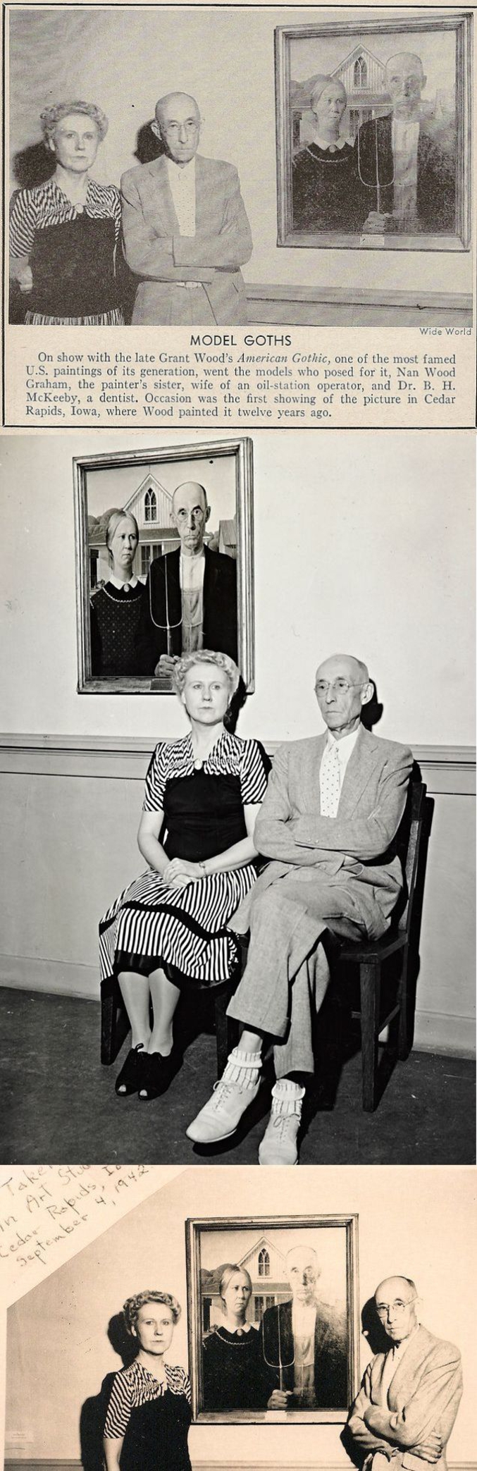 Le tableau de 1930 est supposé représenter un fermier et sa fille. En fait, la fille est Nan Wood (la soeur du peintre Grant Wood) et le père n'est autre que le dentiste de la famille Grant un certain Byron McKeely. On voit près du fameux tableau ceux qui ont posé, mais 12 ans plus tard, en 1942.