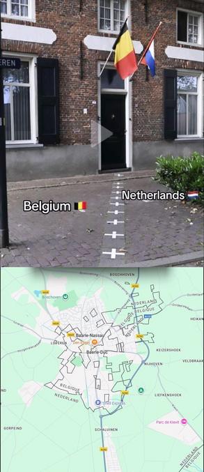 Le bourg de Baarle Hertog(=le Duc) est une commune BELGE enclavée en territoire néerlandais, mais imbriquée incroyablement dans la commune de Baarle Nassau, donc aux PAYS BAS. Cette situation existe ailleurs, mais pas avec autant de tours et de détours : vous traversez la rue, vous êtes en Belgique, vous entrez dans une maison, la moitié du salon est aux Pays-Bas... et le reste à l'avenant. Heureusement, ils parlent tous le néerlandais.