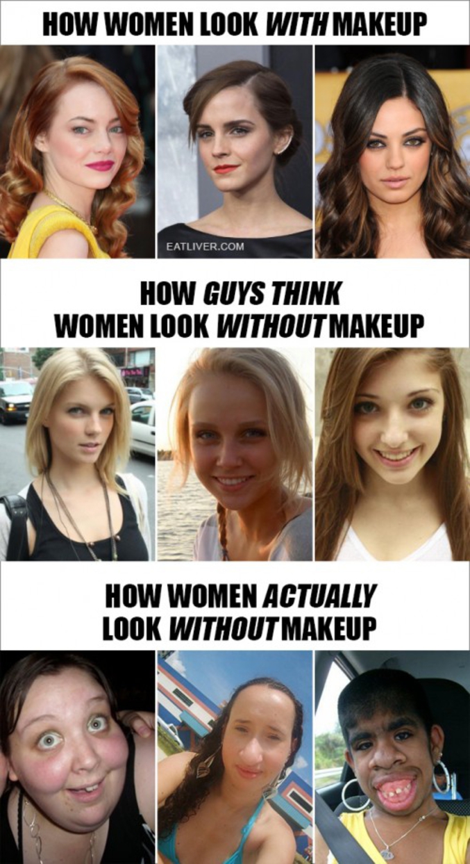 Les femmes maquillées, comment les hommes les imaginent sans maquillage et comment elles sont vraiment.