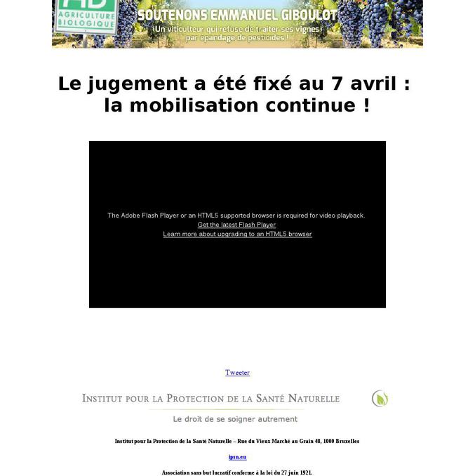 Emmanuel Giboulot, un agriculteur viticole, bio, risque d'être condamné à 6 mois d'emprisonnement et 30000€ d'amende pour ne pas avoir acheté et utilisé le produit chimique "obligatoire" ... alors qu'il utilise des procédés naturels pour protéger ses vignes de la cicadelle. (Je ne viens pas pour faire signer la pétition, malgré tout, vous pouvez le faire, car cette décision est une aberration)