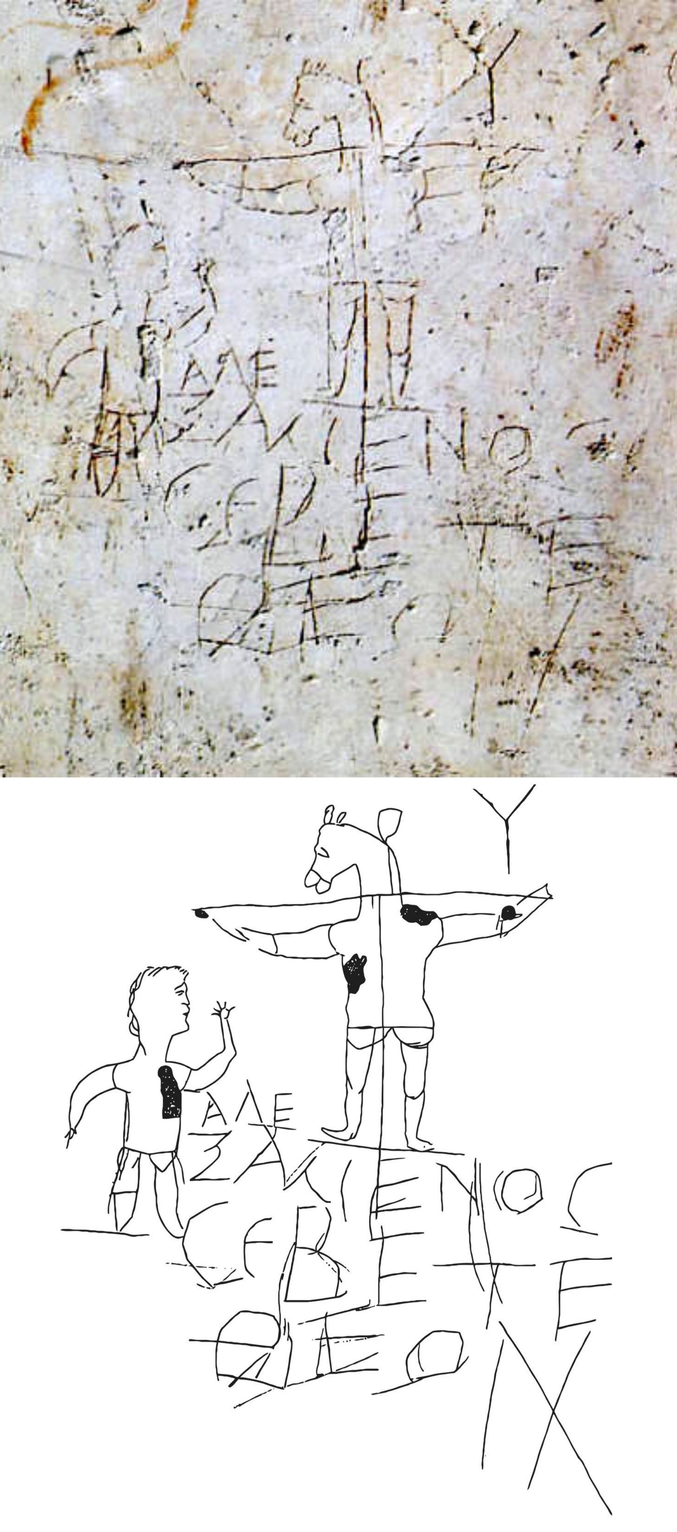 Le graffiti d'Alexamenos est un graffiti (jusque-là, tout le monde suit) découvert en 1857 sur les murs d'un bâtiment de l'antique Palais impérial de Rome et aujourd'hui conservé au musée du Palatin.

On y voit un homme, nommé Alexamenos, devant un Jésus crucifié et représenté avec une tête d'âne. Une inscription en grec indique : "Alexamenos vénère son dieu".

Ce qui rend ce vandalisme historiquement remarquable est qu'il a été commis entre le Ier et le IIIème siècle. Le graffiti d'Alexamenos est ainsi :
- le plus ancien blasphème antichrétien
- la plus ancienne utilisation de la croix comme symbole chrétien
- la plus ancienne représentation de la crucifixion
- et peut-être même la plus ancienne représentation de Jésus.

Ironique...