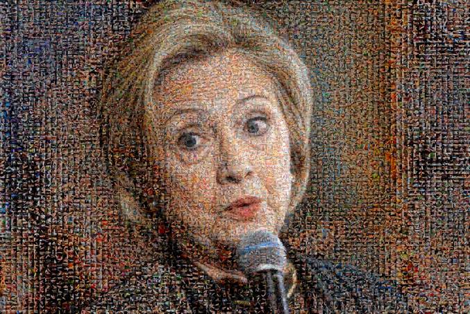 Après le débat infantile d'hier...
Hillary jaune !
Elle doit se sentir entourée de glands !!

si vous zoomez sur la photo, vous verrez qu'elle est constituée de moultes photos de verges.
Comme des petits barreaux.. 
