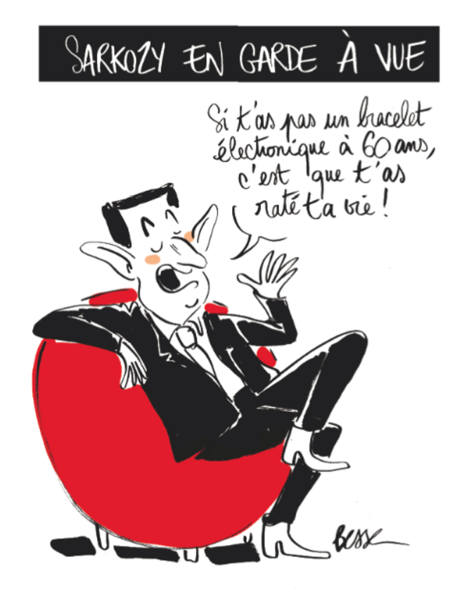 Dans le cadre de l'affaire des écoutes téléphoniques, Nicolas Sarkozy a été placé en garde à vue après Me Thierry Herzog (avocat de Sarkozy) et Mes Gilbert Azibert et Patrick Sassoust (avocats généraux de la Court de Cassation). Cette décision intervient sur décision de deux juges d’instruction parisiens, du jamais vu concernant un ancien chef de l'état. Ici, un dessin de Camille Besse pour 'Causette'.