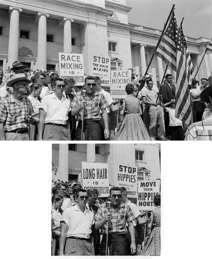 La photo originale date des années 1960 : "le mariage inter-race c'est le communisme, arrêtez les mariages interraciaux...". La même image est reprise au milieu des années 1970 et on a photoshopé les pancartes en "les cheveux longs, c'est le communisme, arrêtez les hippies (marche de l'antéchrist), envoyez les hippies dans le Nord", ce qui tendrait à prouver que les beaufs racistes et intolérants sont essentiellement dans le Sud.