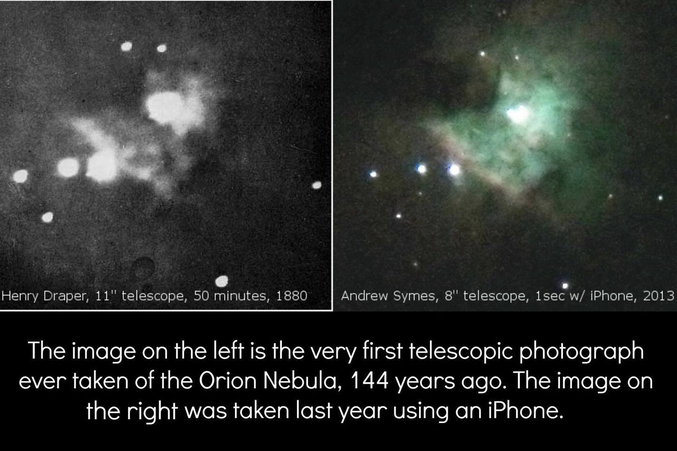 Photo prise à gauche par le premier télescope avec caméra en 1880, à droite un iPhone.