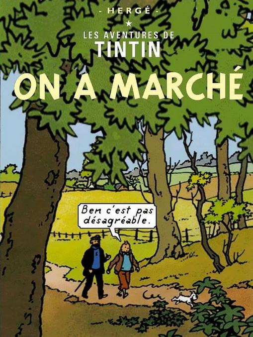 Tintinades : "Souvent Tintin vit des aventures incroyables. Mais parfois il ne se passe rien. Il faut alors meubler..." Source : https://www.instagram.com/p/CN7x6w7hyRi/?igshid=asn5r3e2c7s7