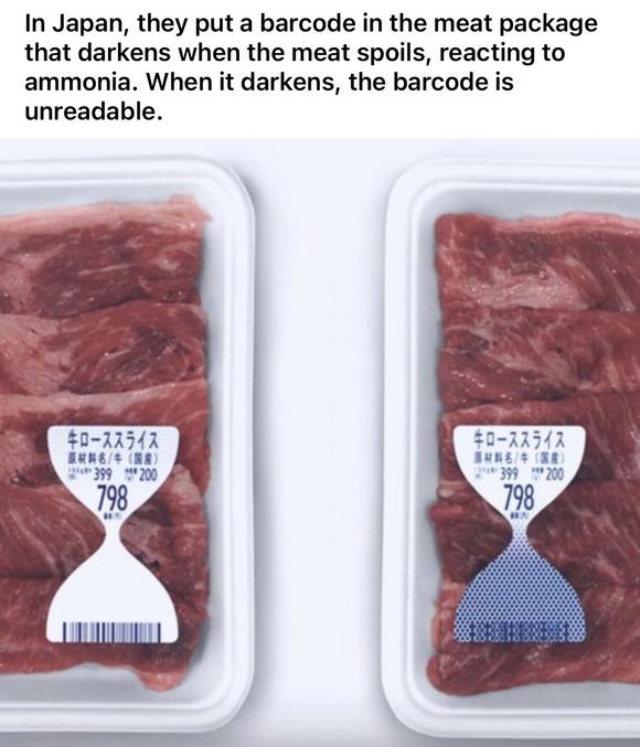 Au Japon, ils mettent un code- barres dans l'emballage de la viande qui s'assombrit lorsque la viande se gâte, réagissant à l'ammoniac. Lorsqu'il s'assombrit, le code- barres est illisible
