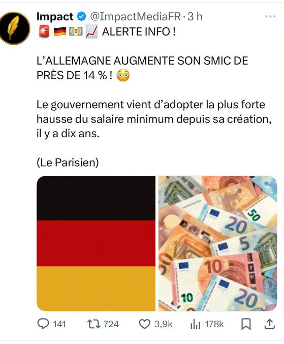 L’Allemagne va relever son salaire minimum de près de 14 % : il passera d’environ 10,30 € net de l’heure en 2025 à environ 11,20 € début 2026 puis 11,80 € en 2027. C’est une hausse exceptionnelle, alors que les augmentations habituelles tournent autour de 3 à 5 % par an. Elle répond à la perte de pouvoir d’achat liée à l’inflation et à la pression syndicale pour rattraper le niveau de vie français.

Un salarié allemand au SMIC gagne actuellement environ 1 600 € net par mois pour 38,5 h hebdomadaires. Avec la hausse, il atteindra autour de 1 800 € net en 2027. En France, un smicard touche environ 1 430 € net pour 35 h. L’écart s’explique par les heures travaillées en plus en Allemagne, mais aussi par un système fiscal différent : moins d’aides directes, mais un net plus élevé sur la fiche de paie.

Côté social, la France offre une mutuelle obligatoire et une meilleure couverture santé, mais avec des cotisations plus lourdes et un départ à la retraite à 64 ans. En Allemagne, l’assurance maladie est obligatoire mais décentralisée, et l’âge de la retraite est fixé à 67 ans.

En Suisse, le salaire minimum du canton de Genève est d’environ 24,50 francs suisses de l’heure, soit plus de 4 000 € net par mois, mais le coût de la vie y est aussi parmi les plus élevés d’Europe.
