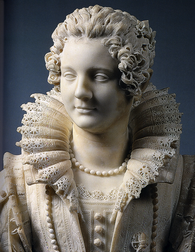 Par Bernini Finelli en 1626, visible au Musée du Louvre.

Plus d'informations sur l'histoire de ce buste et sur les détails ici : https://aulouvrejaime.wordpress.com/2016/06/25/maria-duglioli-barberini/
