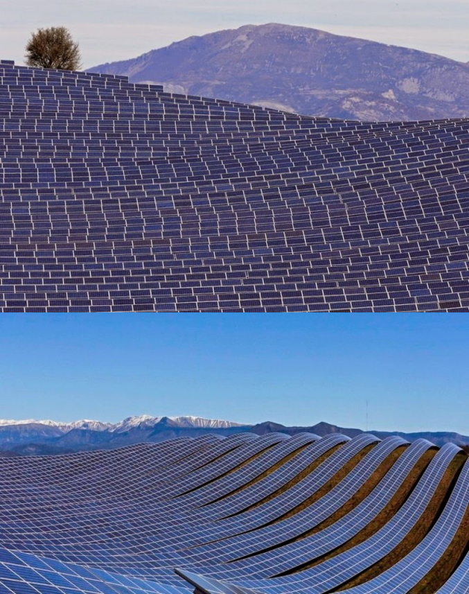 Le parc de centrales photovoltaïques de la Colle des Mées est le plus important parc de centrales solaires photovoltaïques de France avec six centrales en activité depuis 2011, puis deux autres en 2012, sur la commune de Les Mées dans les Alpes-de-Haute-Provence en Provence-Alpes-Côte d'Azur. Le parc s'étend sur près de 200 hectares avec une puissance électrique totale de 100 MWc et alimente près de 12 000 foyers en énergie durable / énergie propre.(wikipedia)

photos : http://www.humanosphere.info/2015/04/une-mer-de-panneaux-solaires-pour-seul-paysage/ 
