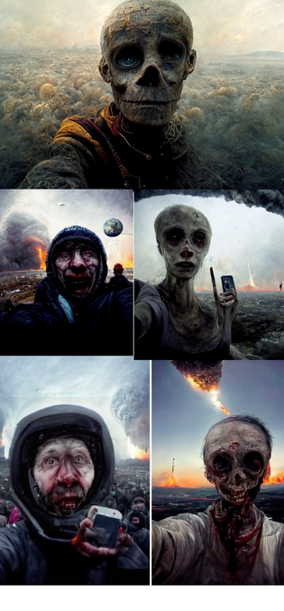 plusieurs personnes ont demandés à dall e, une ai qui génère des images selon ce qu'on lui demande, de montrer les derniers selfie prisent par les derniers humains sur terres.
