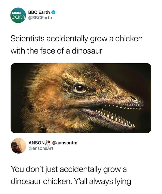 On ne créé pas un poulet à tête de dinosaure par accident. Vous mentez tous en permanence !