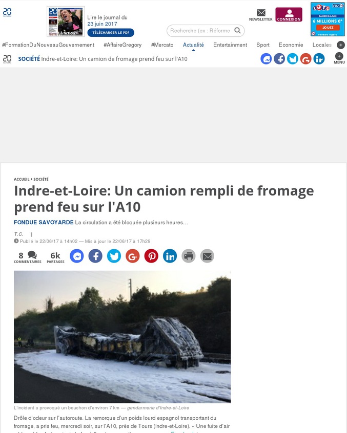 Indre-et-Loire: Un camion rempli de fromage prend feu sur l'A10