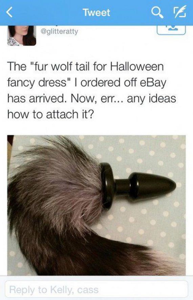 traduction (approximative) : 
la "queue de loup en fourrure pour déguisement d'Halloween" que j'ai commandé sur Ebay est arrivée.
maintenant, euuuh... une idée de comment l'attacher ?