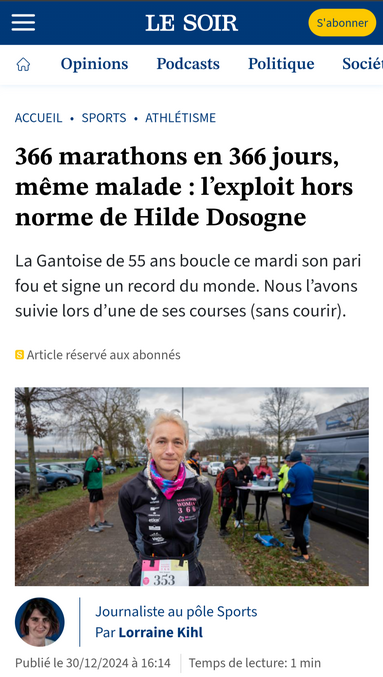 Que pourrait être la suite....

En tout cas chapeau bas !!!
https://www.lesoir.be/645433/article/2024-12-30/366-marathons-en-366-jours-meme-malade-lexploit-hors-norme-de-hilde-dosogne

