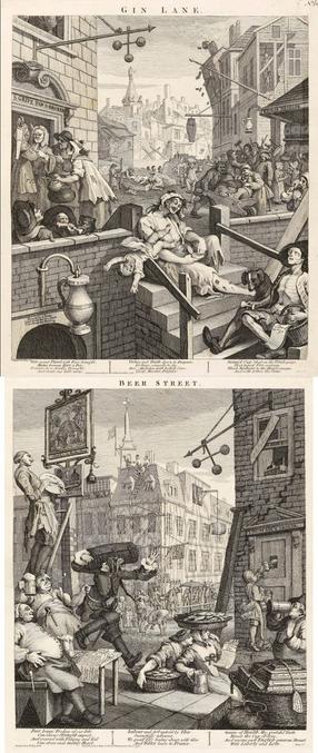 Le Gin était très bon marché et entraînait des misères incroyables; le dessinateur anglais Hogarth met plutôt en valeur la Bière et toutes ses vertus supposées.