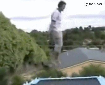 Un homme qui saute sur un trampoline et un chien qui saute (sur? non) un homme.