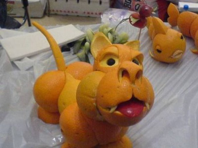 Un chien réalisé avec des oranges.
