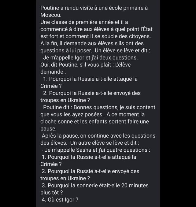 Titre "putaclick" pour une blagounette, non ? En tout cas, les gouvernements européens ont entre les mains une menace qui va leur donner les coudées franches pour imposer ce qu'ils voudront en cas de politiques "d'effort de guerre". Mais, je me trump peut-être ?
Dans l'attente de vos éventuels commentaires éclairés, je vous prie d'agréer, etc... ec...