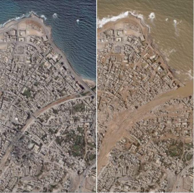 La ville de Derna, ville du littoral méditerranéen de Libye de 100 000 habitants, a été dévastée par le passage de la tempête Daniel et la rupture de deux barrages sur la rivière en amont de la ville Derna après que 414 mm de pluie se sont déversées en une seule journée. Certaines sources, notamment la Croix Rouge et le Croissant Rouge, évoquent plus de 3 800 morts et plus de 10 000 disparus à ce jour. Ici, la comparaison de deux images satellites de la ville le 02 septembre (gauche) et le 12 septembre (droite). Plusieurs autres régions voisines, en Grèce, Bulgarie et Turquie notamment, ont aussi été très touchées par cette tempête dont la vigueur est clairement attribuable au changement climatique et à une tropicalisation du Bassin Méditerranéen et de la Mer Noire.