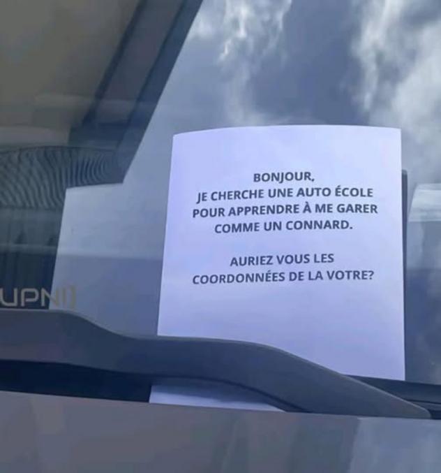 À mettre à toutes celles et ceux qui prennent 2 places au lieu d'une, qui collent ta caisse pour que tu galères à rentrer dedans, qui dépassent sur la route etc...
