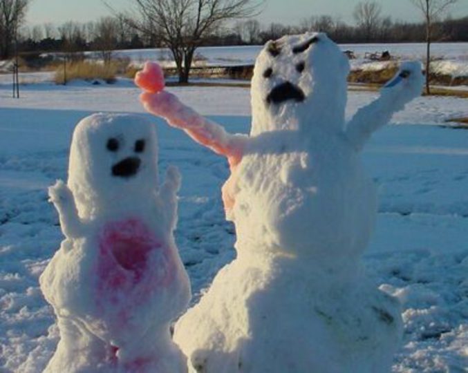 Un bonhomme de neige s'en prend à une bonne femme de neige