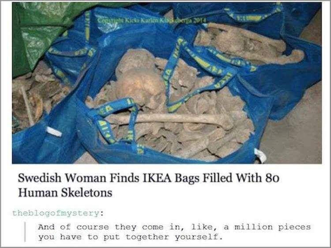 Une Suédoise découvre des sacs Ikea remplis de 80 squelettes humains.