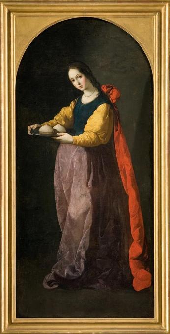 Sainte Agathe était une jeune aristocrate de Sicile, en Italie, réputée pour sa grande beauté. Après son refus d’épouser le proconsul romain Quintien, tombé fou amoureux d’elle, elle finit en prison. Elle a été torturée à l’âge de 13 ans. Attachée à une colonne la tête en bas, on lui arracha les seins avec des tenailles. Elle fut renvoyée en prison avec l’ordre aux gardes de ne pas la nourrir, ni de soigner ses blessures. Mais le soir, saint Pierre est apparu dans sa prison, et elle fut guérie miraculeusement de ses blessures. Sainte Agathe est très souvent représentée comme une jeune fille noble, portant sur un plat ses deux seins arrachés et tenant, parfois, une tenaille. Beaucoup d'artistes ont également représenté l'instant de son martyre, au moment où elle se fait arracher les seins. Elle est, parfois, représentée comme sainte protectrice contre le feu, avec une torche ou un voile avec lequel elle cherche à éteindre le feu.