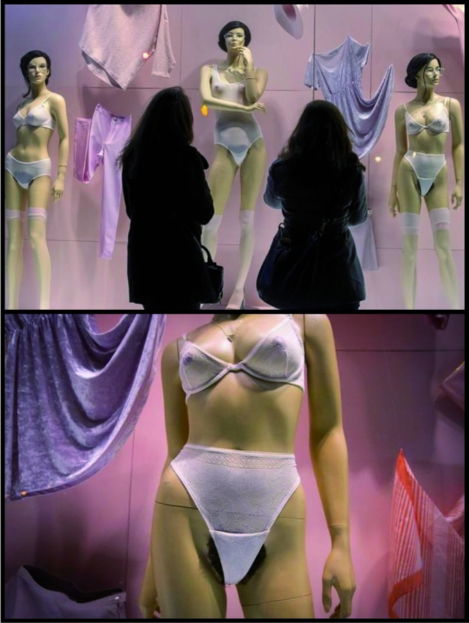 La marque American Apparel expose dans une de ses vitrines new-yorkaises des mannequins très poilus et en cela dénote avec ses concurrentes.
