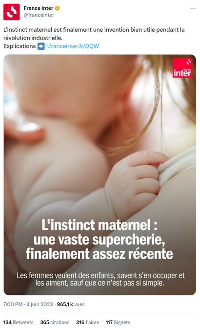 Source :
https://twitter.com/franceinter/status/1665403192128032768

[Banni de la thématique 'malaise']
[je ne peux participer au débat de mon propre post]
[pour une raison que j'ignore]

Voici un post adapté de la dernière blague du service publique de la Ripoublique Française... pour que tout le monde rigole. Même ruiné.

En référence à :
https://lelombrik.net/152088#commentaires

Une bise à Darminou et Micron qui voit leurs bases de données de la place Beauvau polluées d'un quasi doublon !
