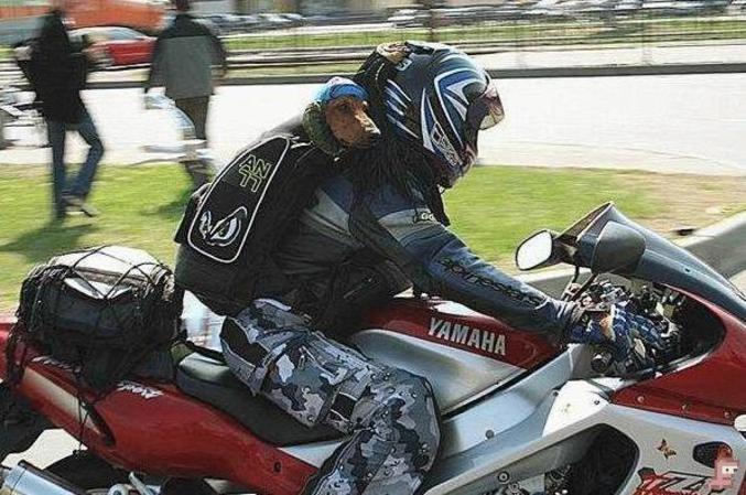 Un homme bien équipé pour emmener son chien sur sa moto.