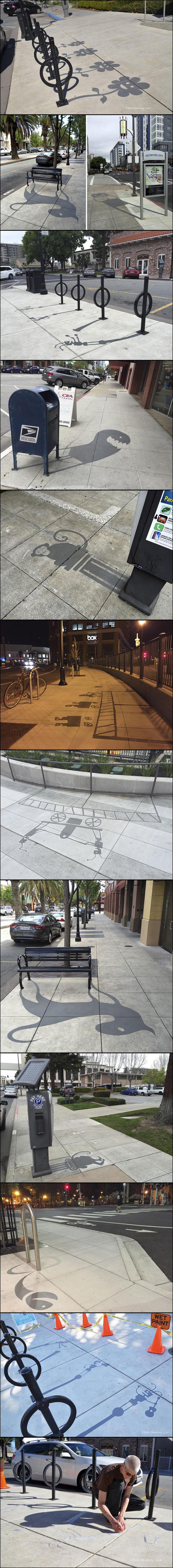 Pour ceux du fond qui n'auraient pas suivi, il peint des ombres insolites aux objets du quotidien dans la rue.
http://www.damonbelanger.com/