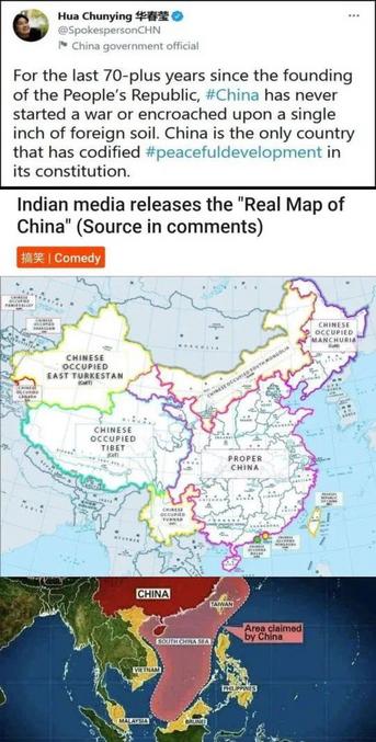 Sans avoir jamais vraiment fait des guerres (un chouïa pour le Tibet, mais les pauvres ne faisaient pas le poids), les chinois se taillent de larges croupières en territoires divers depuis plus d'un demi-siècle... et personne ne bouge...