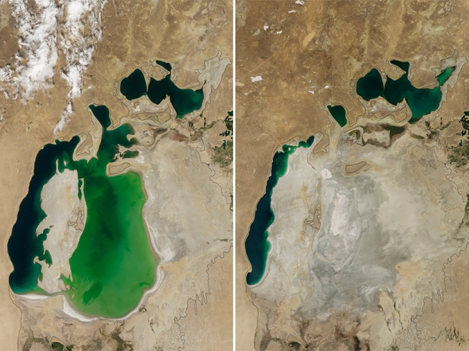 Phénomène bien connu, mais toujours aussi impressionnant : la Mer d'Aral, étendue d'eau salée et autrefois l'un des quatre plus grands lacs au monde, n'a cessé de diminuer depuis les années 1960, après que les fleuves qui l'alimentaient aient été détournés pour des projets d'irrigation soviétiques. En 2005 s'est achevé la construction par le Kazakhstan d'un barrage qui alimente la partie nord de la mer, où l'on note que le niveau de l'eau est remonté. La partie sud, en revanche, apparaît désormais tarie. (photo: NASA Earth Observatory)