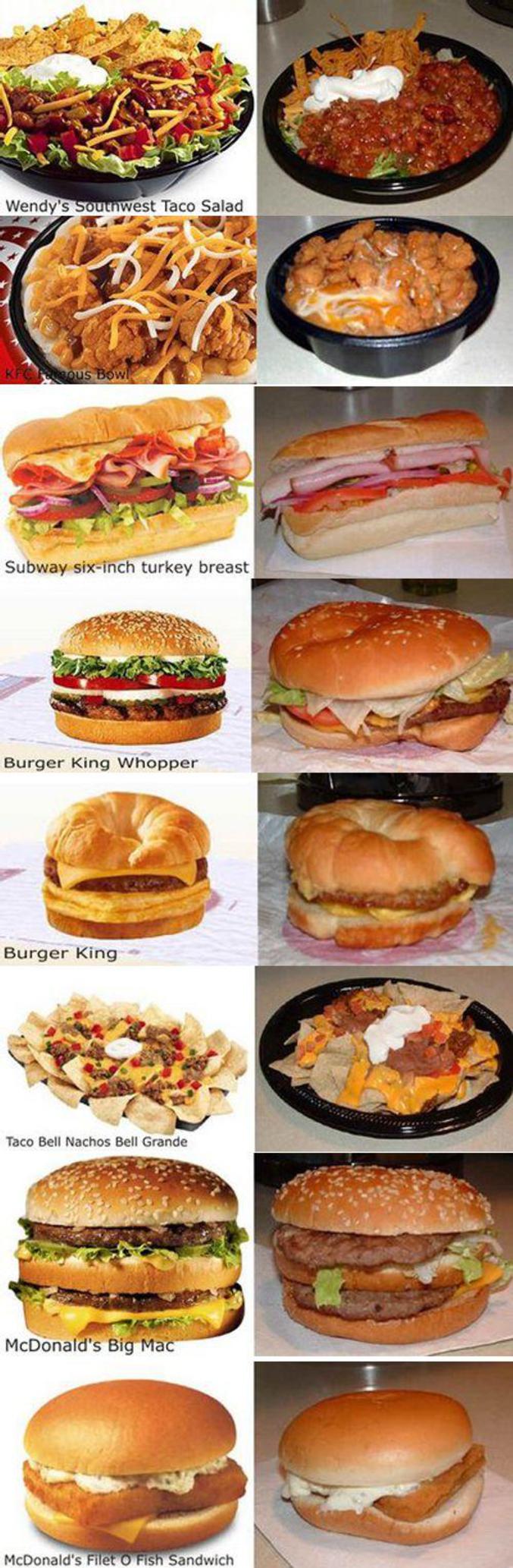 La différence entre les photos d'annonces de fast-foods et la réalité.