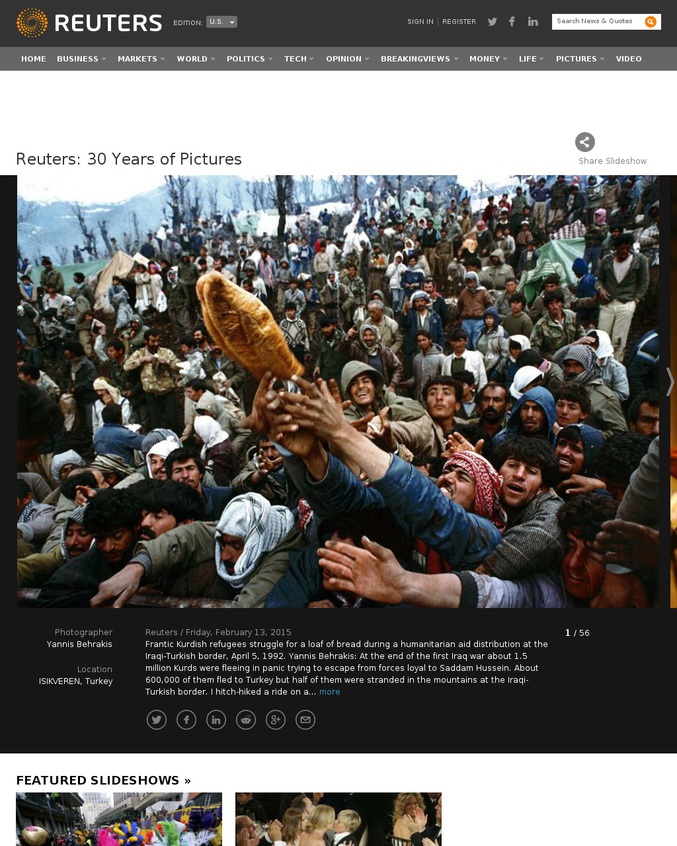 L'agence de presse Reuters célèbre les trente ans de son service dédié à la photographie. Ce sont des clichés de presse qui reflètent le monde, certaines images peuvent choquer.