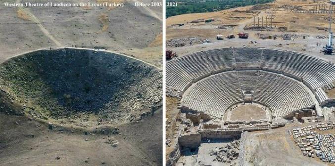 Son état en 2003, puis après restauration, en 2021.